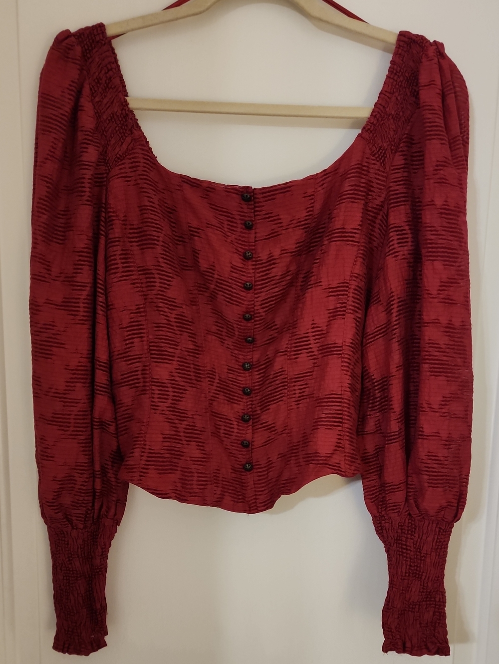 Anthropologie Burgundy Puff-Sleeve Button-Front Blouse